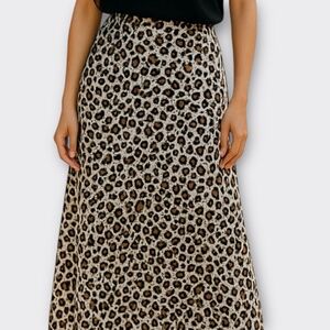 Leopard Print Maxi Skirt High Waist Thigh Slit Breezy Boho Brown Black Ivory M